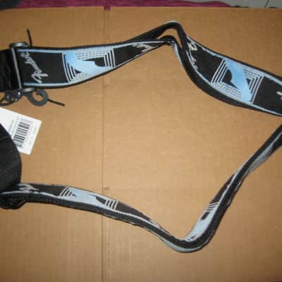 new with tags genuine Fender 2" Monogrammed Guitar Strap Black, Light Gray, and Light Blue - Fender part number: 099-0681-502, Fully adjustable length (39"-72") Woven Fender logo and guitar headstock design, polyester backing, black leather ends image 6