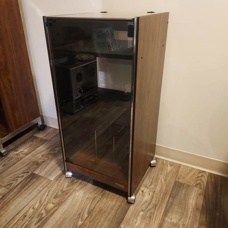 Vintage Fisher RA-128-2 Stereo Cabinet Wood Laminate Glass Door Open Top Wheels image 1