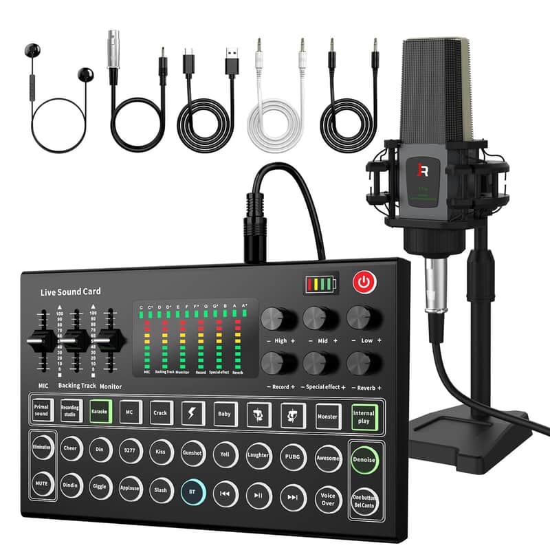 Podcast Equipment Bundle, All-In-One Audio Interface Dj Mixer With Microphone, Stand, Monitor Earphone, Audio Mixer With Sound Card For Pc/Laptop/Phone, Streaming/Podcasting/Gaming image 1