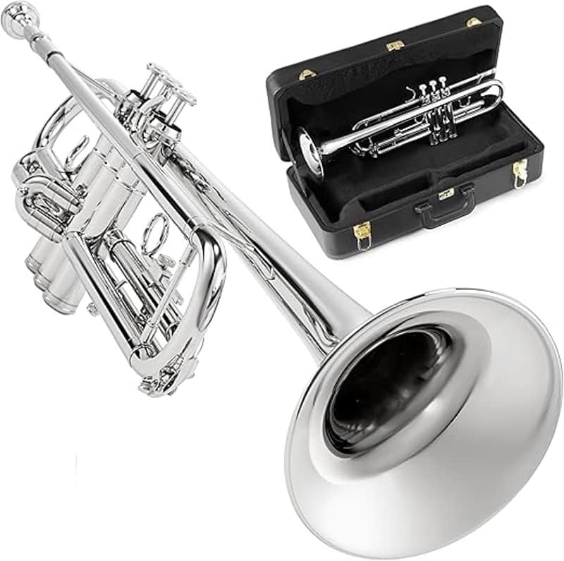 Hand-Hammered Bell Bb Trumpet: Smooth Valve Action, Clear-Lacquered Brass Body, Standard Trumpet Beginner Set with Leather Case, Lesson Book, Trumpet Mute, Mouthpiece, Cleaning Kit image 1