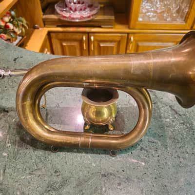 Vintage Brass Hunting Horn 1960s England or France Nickel Plated Mouthpiece Chain image 6