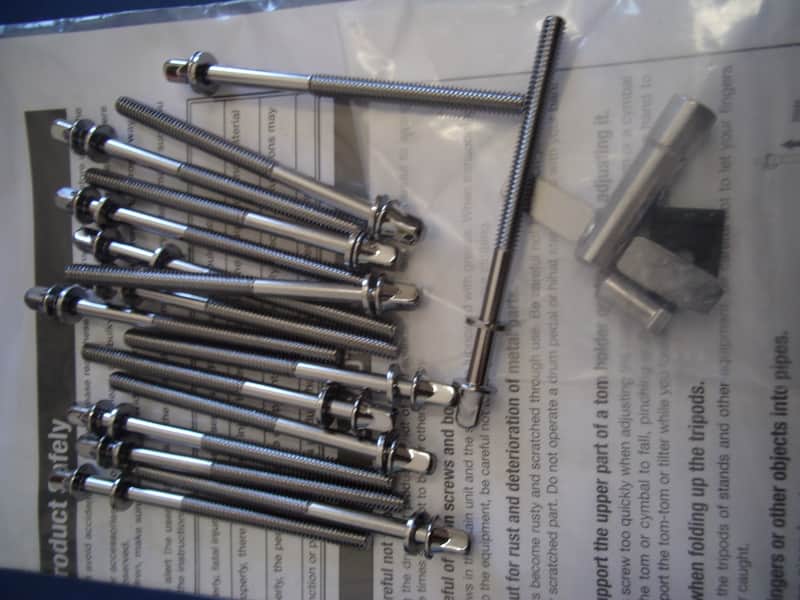 Tama Imperialstar Lot of 17 Bass Drum 3.5" Tension Rods, Manual Book, Drum Key 1 replacement inner lug threaded sleeve + holder image 1