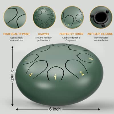 Rain Drum Outdoor Garden | 6 Inch 8 Note Steel Tongue Drum | Rain Chime Instrument | Meditation Drum | Green Drum with Bag image 2