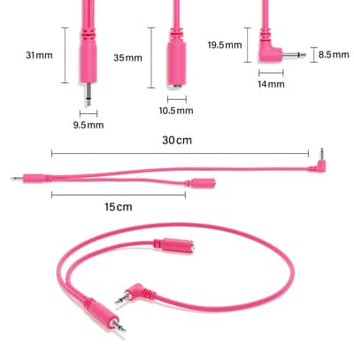 ExcelValley [Pink | 10 cm - 3.94"] 5-Pack - Right Angle Hopscotch Mono Splitter Y Patch Cables TS 3.5mm 1/8" Eurorack Synth image 2