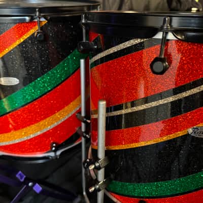 Rikki Rockett's Poison, Rockett Drum Works 2011 Tour Set. Maple/Carbon Fiber 18x22 (x2) 14.5x16, 12.5x14, 9.5x12. MultiColor Stripe Wrap image 11