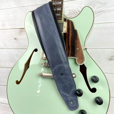 C-22-BLU Handmade 3" Wide Double Padded Premium Grain Leather Guitar Strap Washed Blue Denim Finish image 2