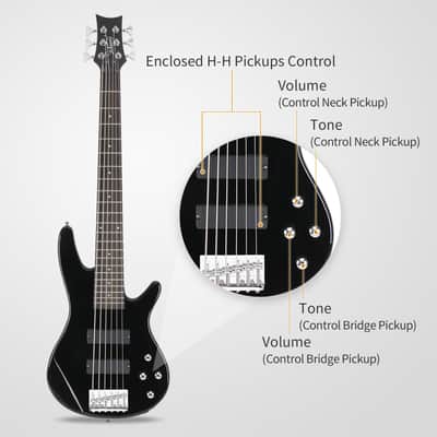 Glarry Full Size GIB 6 String H-H Pickup Electric Bass Guitar Bag Strap Pick Connector Wrench Tool 2020s - Black image 12