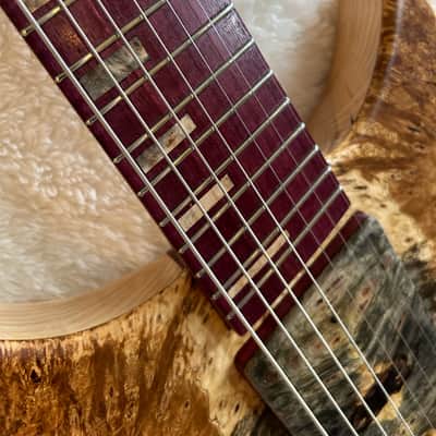 96 art Multiscale Headless 7 string Solidbody Guitar with Sophia Tremolo, Buckeye Burl, Ash, Purpleheart image 7