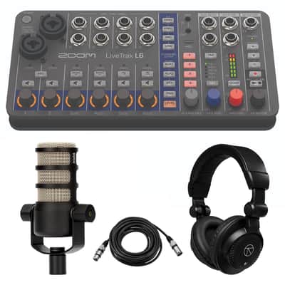 Zoom LiveTrak L6 10-Track Compact and Portable Digital Mixer / Recorder with PodMic Dynamic Podcasting Microphone, Closed-Back Studio Monitor Headphones, and Value Series XLR M to F Professional Microphone Cable - 25' image 1