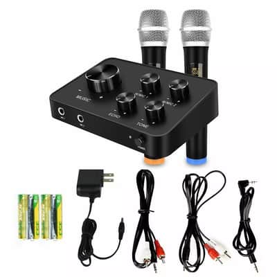 Karaoke Microphone Mixer System with Dual UHF Wireless Mics, HDMI & AUX In/Out image 1