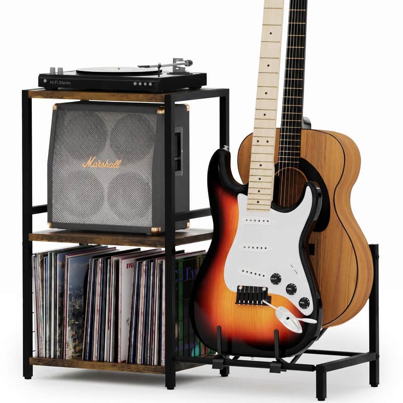 Rustic Brown 3-Tier Guitar Stand for Acoustic Guitars, Electric, Bass Studio Cabinet image 1