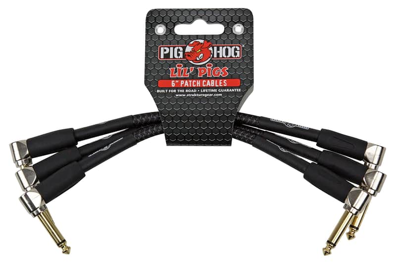 Pig Hog PHLIL6BK Lil' Pigs Right-Angle 1/4" Vintage Black Woven Instrument Patch Cables, 6" (3 Pack) image 1