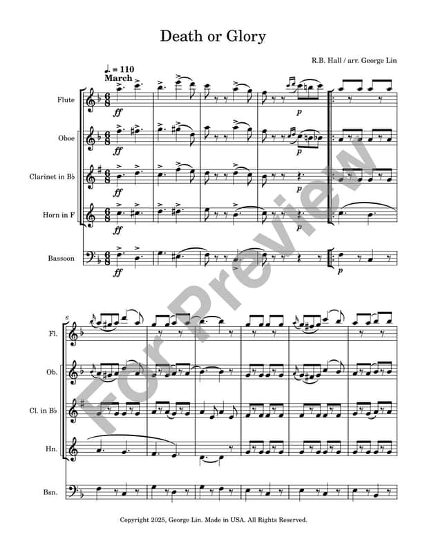 Wind Quintet Sheet Music - Death or Glory (R.B. Hall) for wind quintet. Full score and parts. image 1