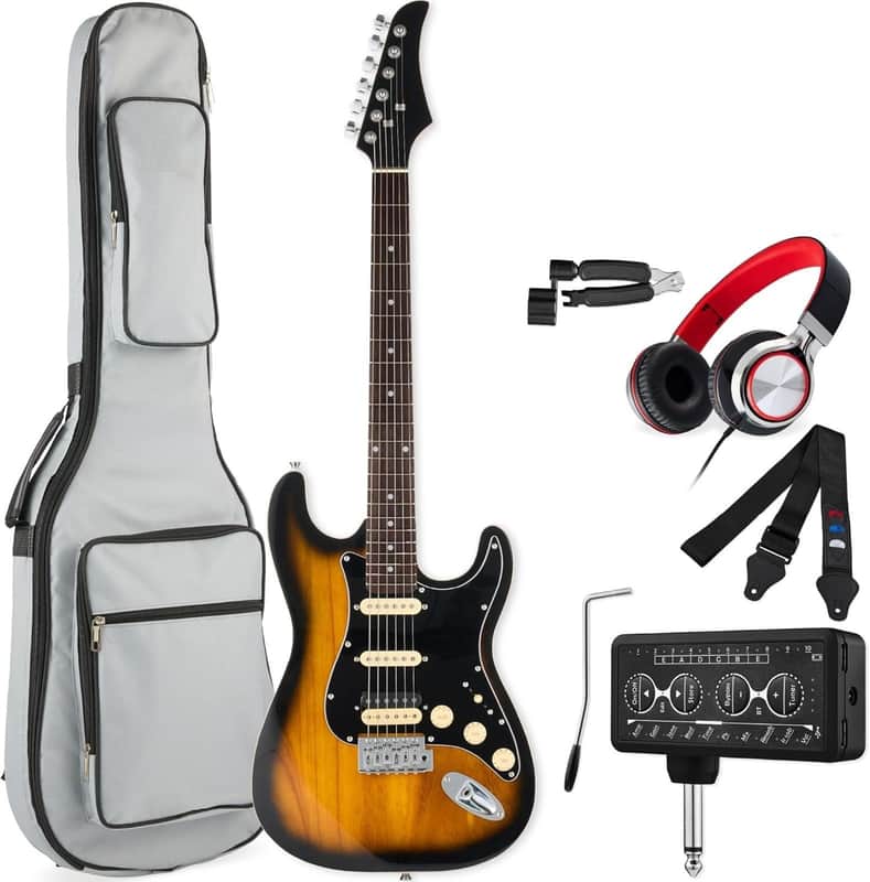 Beginner HSS Electric Guitar Kit w/Headphone Amp, Padded Gig-Bag, Headphones, Guitar Strap - Sunburst/Black image 1