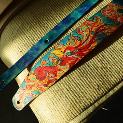 Burny Black handmade guitar strap leather - phoenix red/blue made to order - oil image 2
