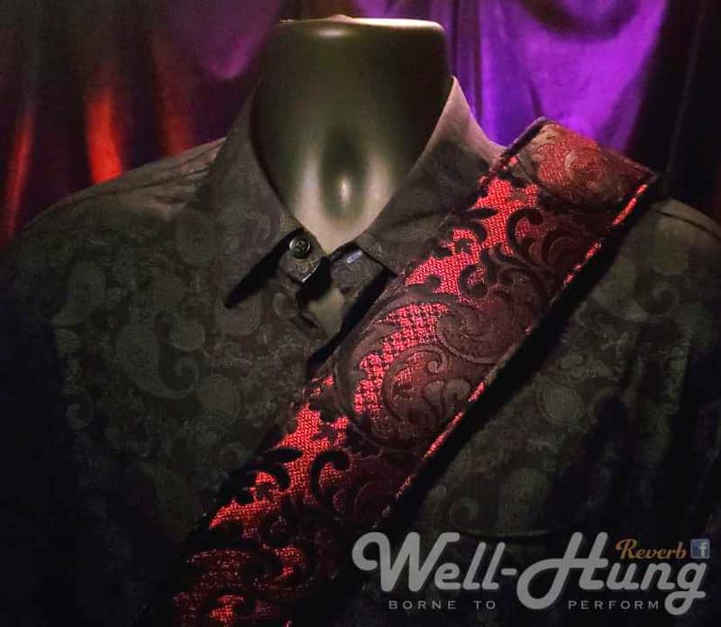Well-Hung "Lunch with Lucifer" 3" wide padded guitar strap in Red Damask /Black Leather image 1
