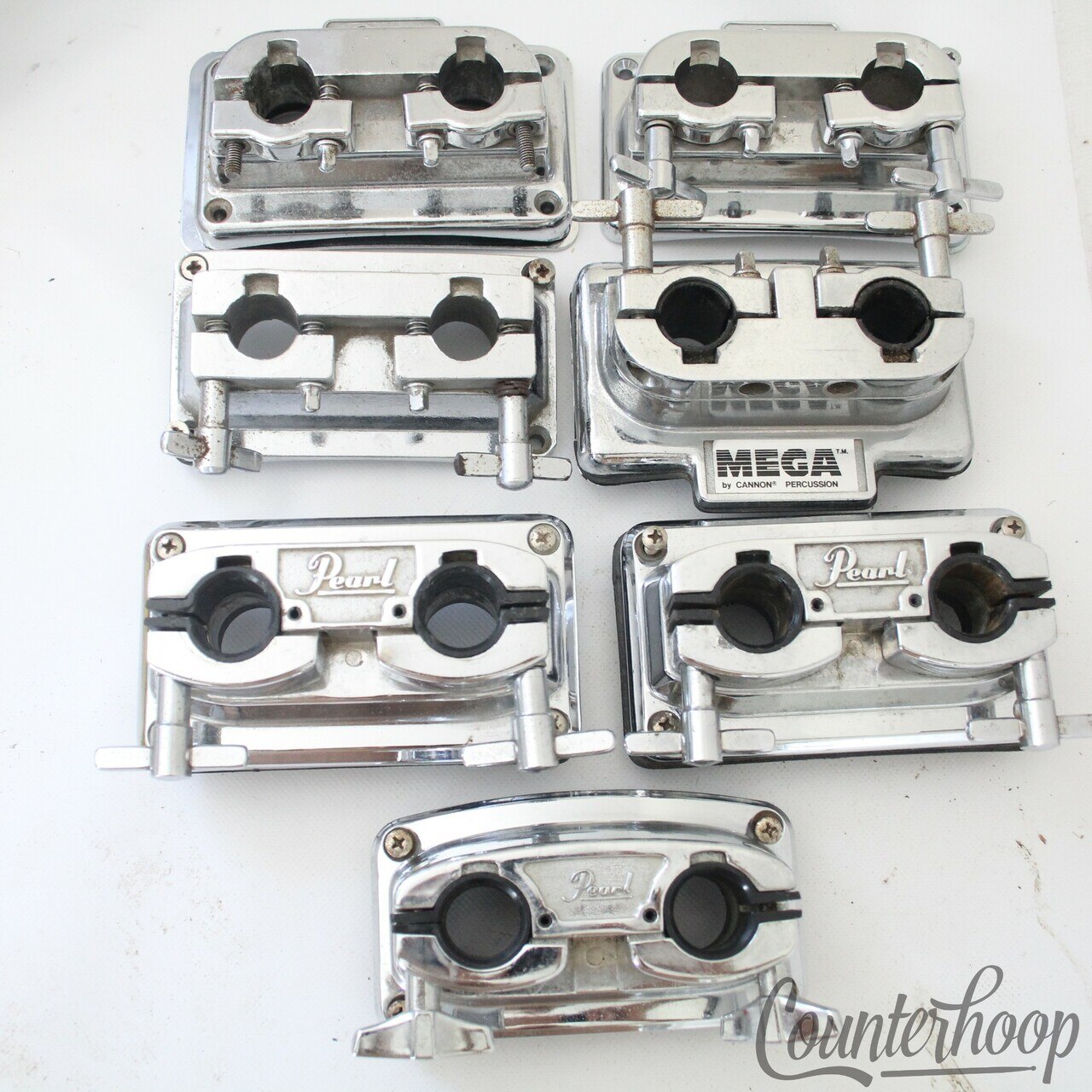 Pearl 7x Bass Drum Mounts Double Tom Arm Post Receiver Vintage 80s Chrome Heavy — main photograph