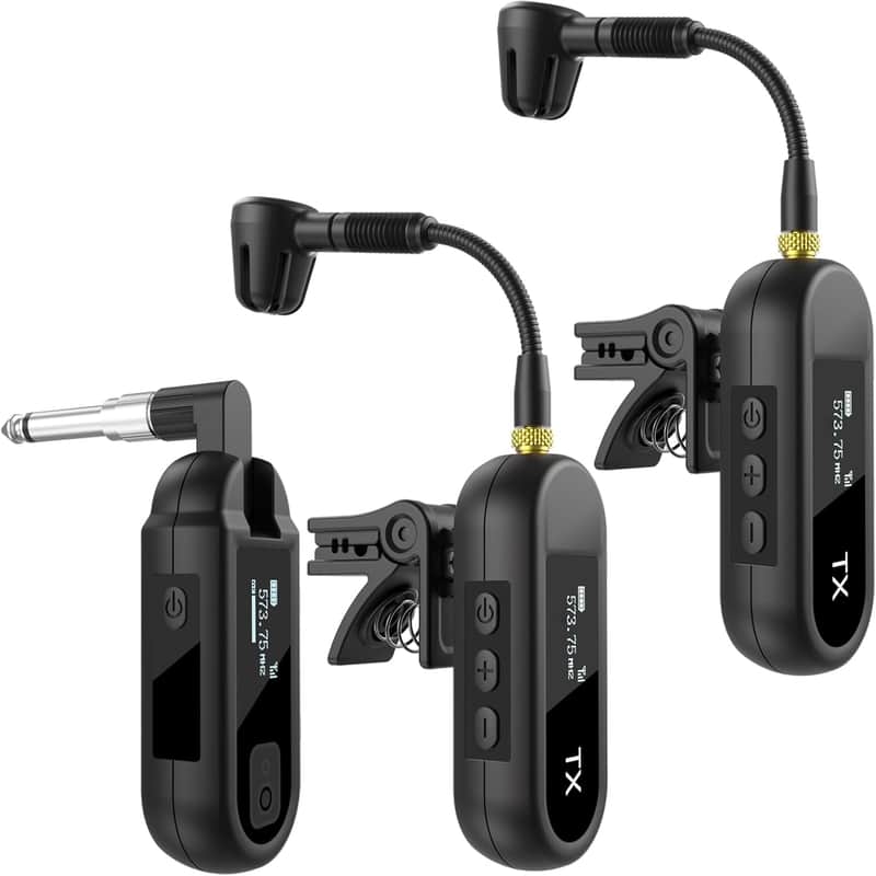 Wireless UHF Saxophone Microphone System, Clip Instrument Microphone Saxophone and Trumpet, preset EQ and Echo Level 100 feet Transmission image 1
