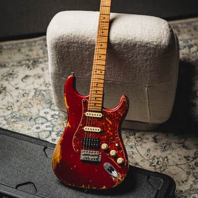 Luxxtone Choppa S Heavy Aging HSS-Candy Apple Red w/Tortoise Pickguard & 1-Piece Roasted Flame Maple Neck image 2