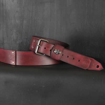 Buckle Leather Guitar Strap . SKULL. 55” to 62”.Antique Mahogany image 4