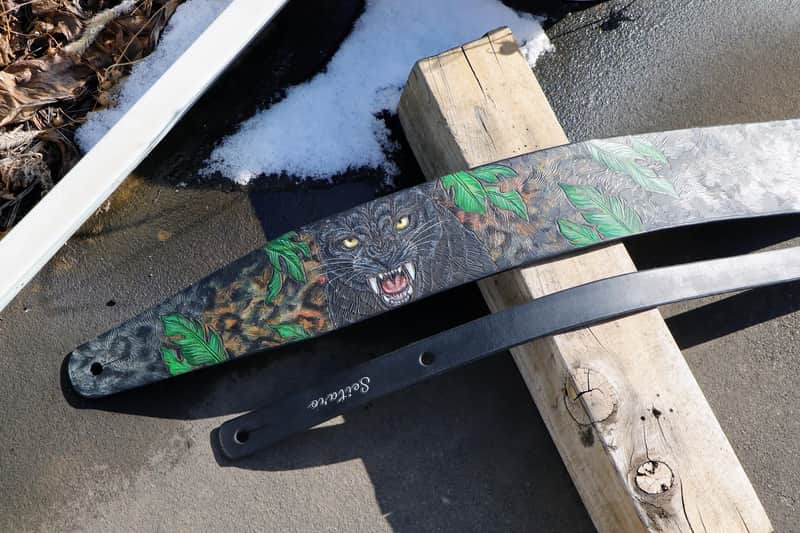 Burny Black Handmade Leather Guitar Strap: Black Panther_Carved & Painted, Custom Initials 2026(made to order) - oil image 1