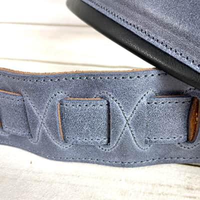 C-22-BLU Handmade 3" Wide Double Padded Premium Grain Leather Guitar Strap Washed Blue Denim Finish image 8