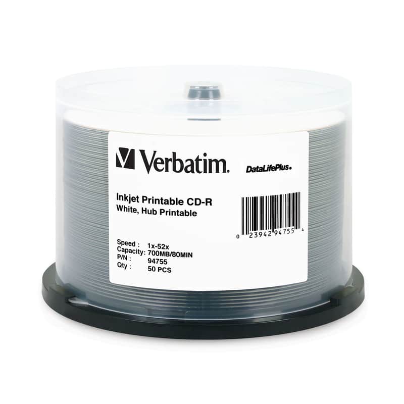 Verbatim 94755 CD-R 52X DataLifePlus White Inkjet Hub Printable 50 Pack Spindle image 1