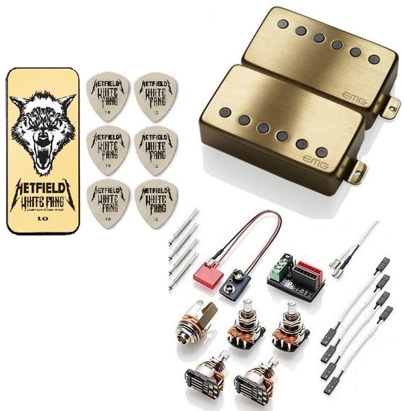 EMG F JH SET JAMES HETFIELD BRUSHED GOLD 52mm FLOYD SPACED 10mm SHORT SHAFT POT & WIRING ( 6 WHITE FANG PICKS & TIN ) image 1