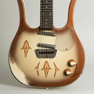 Danelectro  Longhorn Guitarlin Model 4123 Semi-Hollow Body Electric Guitar (1960), ser. #6020, black chipboard case. image 3