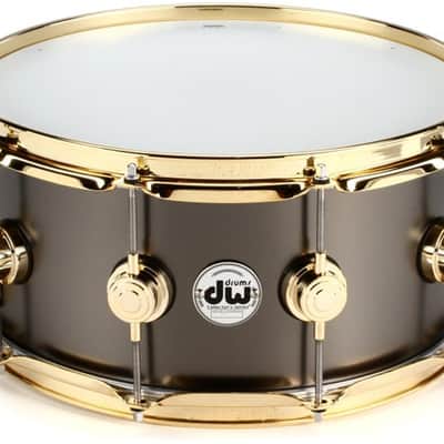 DW Collector's Series Metal Snare Drum 6.5 x 14-inch - Satin Black Over Brass - Gold Hardware image 2