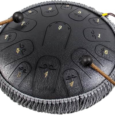 Steel Tongue Drum, Horse 14 Inch 15 Tones Tank Drum C Key Percussion Steel Drum Kit with Drum Mallets Note Stickers Finger Picks Mallet Bracket and Gig Bag(14 Inch 15 Tones Grey) image 1