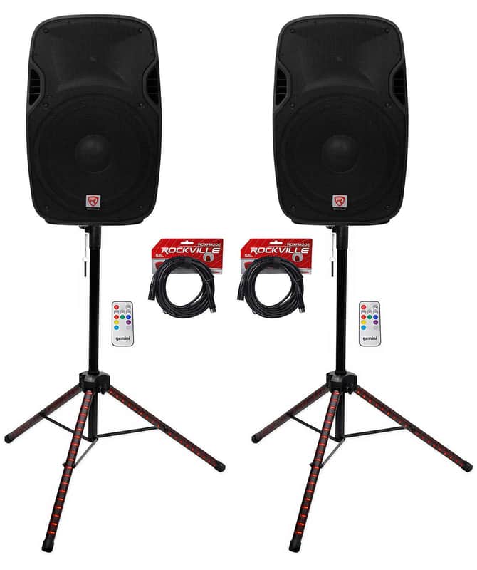 (2) Rockville SPGN154 15" Passive 1600w DJ PA Speakers+LED Stands+Remote+Cables image 1
