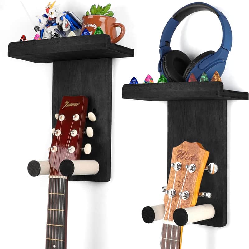 Guitar Wall Hanger,2 Pack Guitar Wall Mount Holder Guitar Hanger Shelf with Pick Holder Wood Guitar Rack for Acoustic or Electric Guitar,Ukulele,Bass,Mandolin Black image 1
