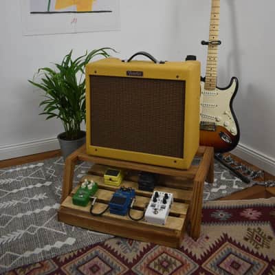 Lakefront Hexagon pattern  oak & plywood pedalboard and Amp Stand set, custom made solid wood guitar amplifier stand, mid century modern speaker stand 2024 - walnut image 3