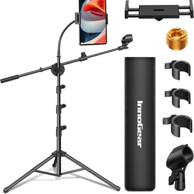 Mic Stand, 6 in 1 Microphone Stand Floor with Tablet Phone Holder Height Adjustable from 30" to 72" Mic Stand Tripod Boom Arm with Gooseneck Carrying Bag for Singing Karaoke Stage image 1