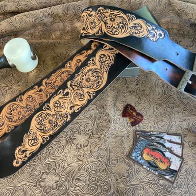Custom Tooled Leather Sheridan Style Floral Guitar Strap 2.5" SuedeSkinTools image 2