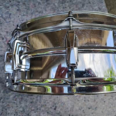Ludwig No. 400 Supraphonic 5x14" 10-Lug Aluminum Snare Drum with Pointed Blue/Olive Badge 1969 - 1979 - Chrome-Plated image 5