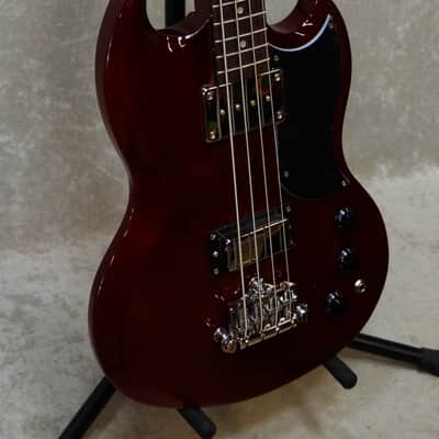 Vintage Brand VS4CR 4 String Short Scale SG bass guitar in cherry red finish - DC mini humbucker EBO image 2