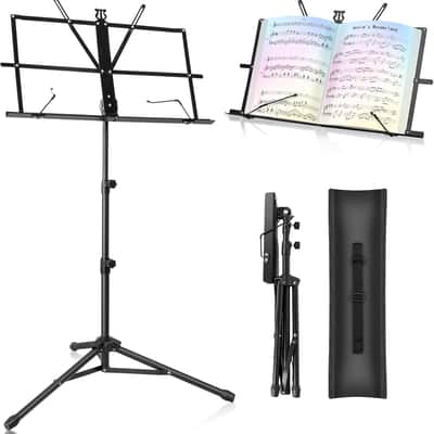 Music Stand for Sheet Foldable with Carrying Bag, Metal Sheet Music Stand Portable, Adjustable Podium Stand with Tripod Base and Sheet Music Folder - Black image 1