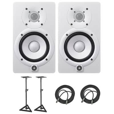 Yamaha HS5 Powered Studio Audio Monitor (White, 2-Pack) with Two 25' XLR Cables and Two Studio Monitor Stands image 1