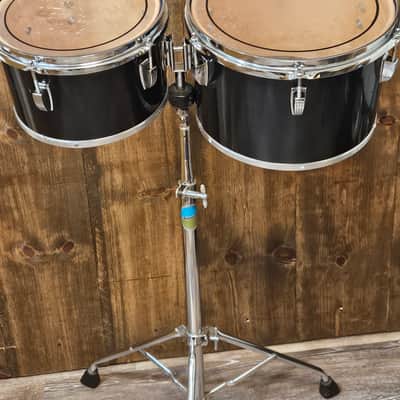 Vintage Late 1970s Ludwig Black Cortex Concert Toms 6.5x10 & 8x12 w/ Ludwig Double Tom Stand Blue & Olive Badges image 8