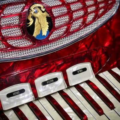 Vintage 1960s Silvio Soprani Accordion Model 8643 Full Size Red Mother Of Pearl with Original HSC image 8