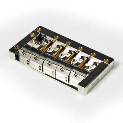 KSM Foundation Bass Bridge, (5-String) Nickel w/ Gold Bolts, Slotted Saddles- 17mm image 2