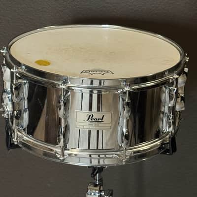 Pearl Export Steel Shell Snare 14” × 6.5” Chrome-plated steel shell 10 lugs Made in Taiwan circa 1996 Standing snare stand included image 2