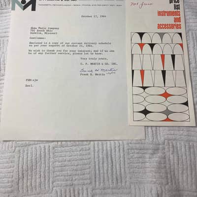 Vintage 1964 Martin Guitar Price List and Letter with Martin's Signature image 1