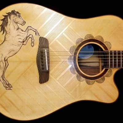 Acoustic Guitar Handmade by Blueberry, 6 String Wood Horse Motif Guitar,Custom Handcrafted Wooden Guitar, Dreadnought Guitar,Steel String image 1