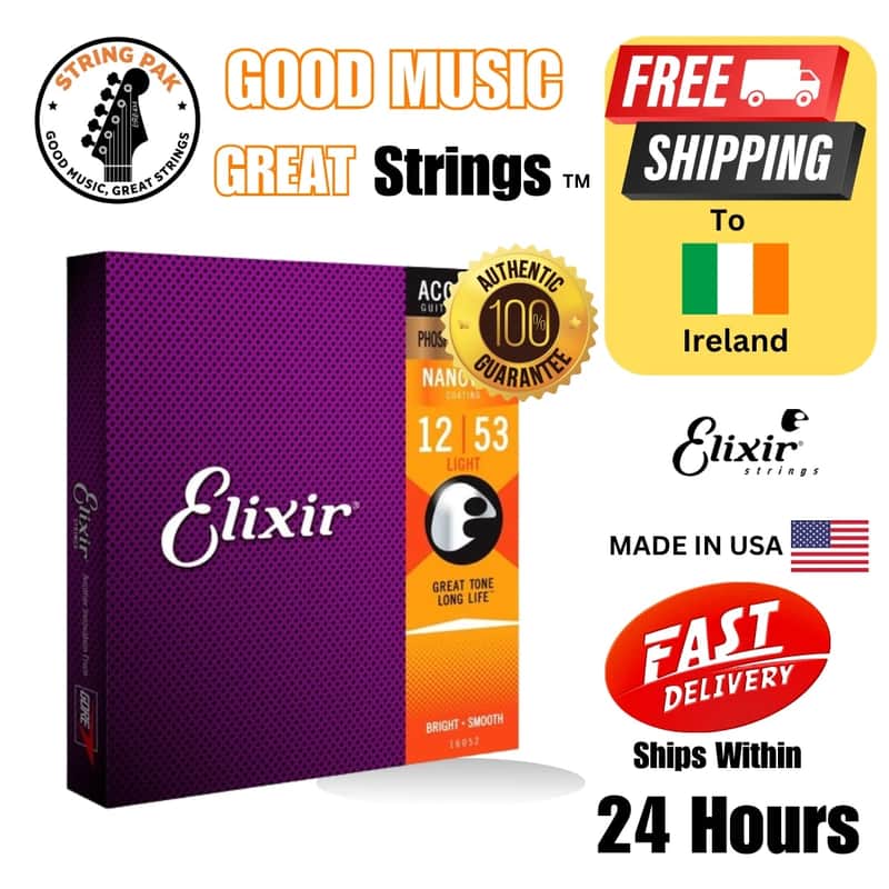 Elixir Acoustic Guitar Strings Nanoweb Phosphor Bronze 12-53 + 7 Guitar Picks 2025 image 1