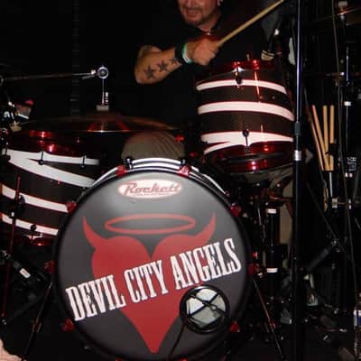Rikki Rockett's, Rockett Drum Works, Devil City Angels, Carbon Fiber Shell, 22", 12", 14", 16", Matching 6x14" Snare. 2015 SIGNED!! image 3