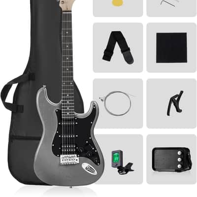 Electric Guitar Kit with Amp & HSS Pickups | Complete Starter Set for Newcomers w/Essentials | Gig Bag, Extra Strings, Tuner, Capo, Strap | Home Practice (Black) image 1