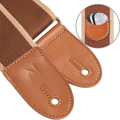 Guitar Strap, Cotton Full Grain Leather Ends Guitar Straps with Pick Pocket for Bass, Electric & Acoustic Guitar, Come with Free Strap Button, 1 Pair Strap Locks and 4 Guitar Picks image 3